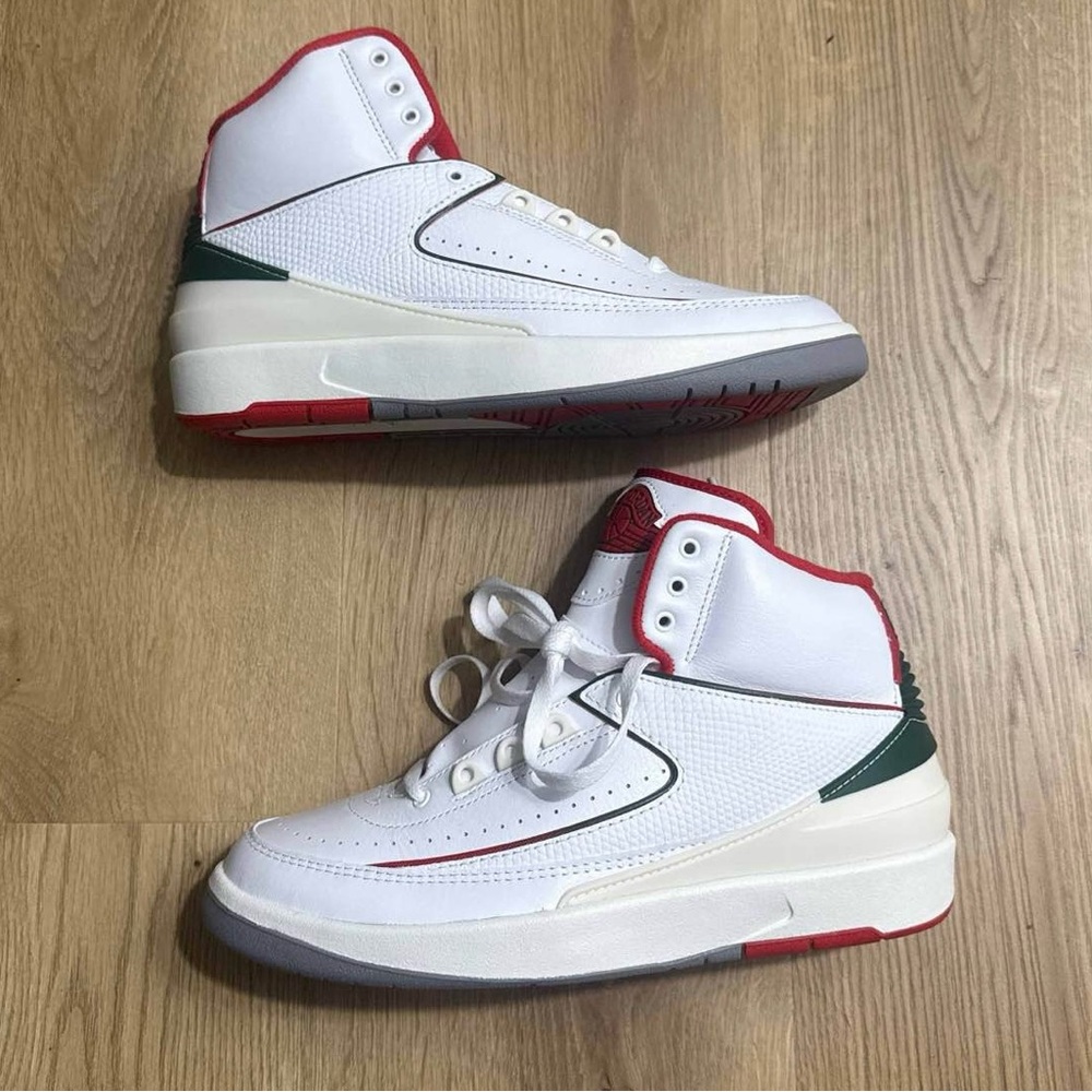 Jordan 2 White, Red, and Green Sneakers
(US size 8 men’s)
Unworn Brand New InBox